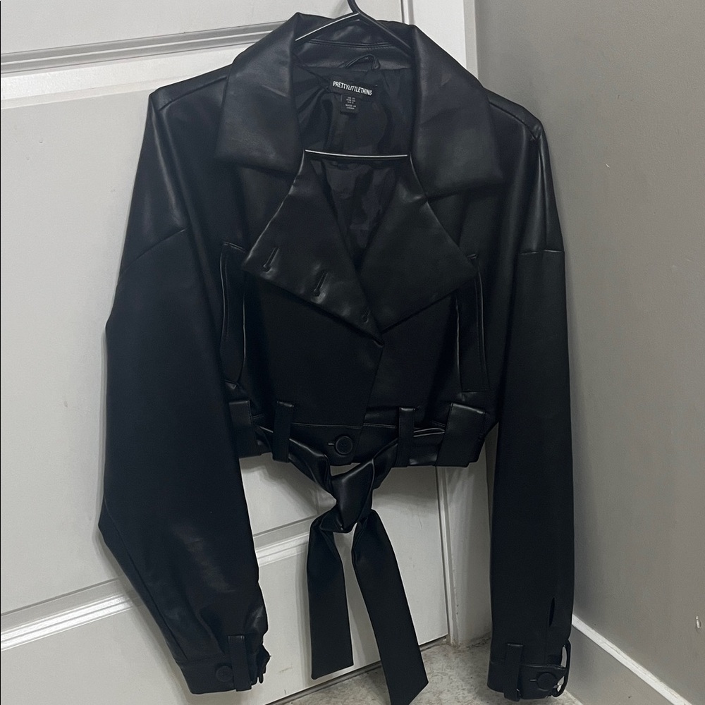 PrettyLittleThing Black Belted Leather Jacket